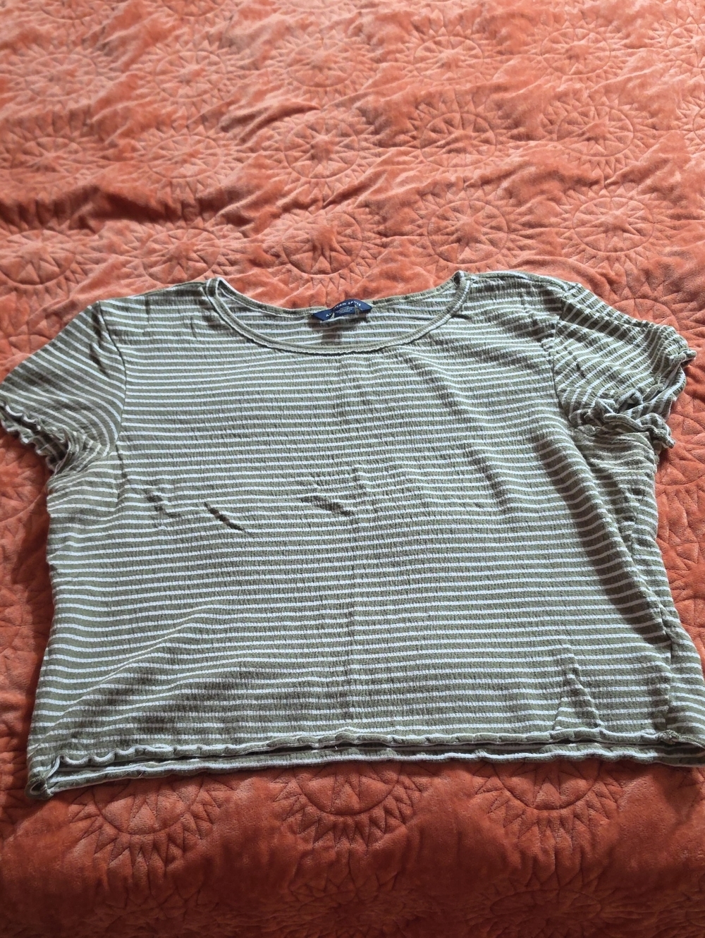 Striped Short-Sleeve Crop Top in Olive and White